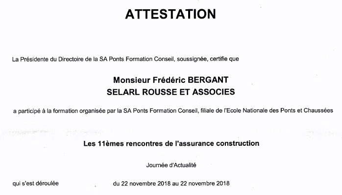 Maître Frédéric BERGANT a participé à la formation organisée par la SA Ponts Formation Conseil, 22 novembre 2018